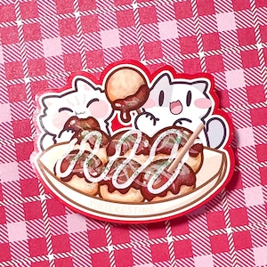 Takoyaki Meow Sticker, Kawaii Glossy Vinyl Die Cut Sticker, Weatherproof, Perfect for Laptops, and Gifts for cat lover, Japanese food