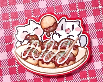 Takoyaki Cat Sticker: Kawaii Glossy Vinyl Die Cut, Weatherproof