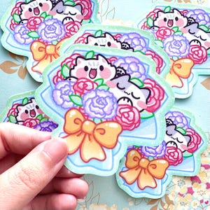 Adesivo de gato fofo com mias de flores de buquê, adesivo de vinil recortado kawaii, à prova de intempéries, perfeito para laptops e presente para amantes de gatos, pacífico