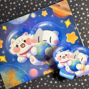 Astronauts Universum Weltraum Katzen 5x7 Zoll Art Print süße Katze Aufkleber, Kawaii glänzend Vinyl Die Cut Aufkleber, Geschenk für Katzenliebhaber, süße Katze Kunst