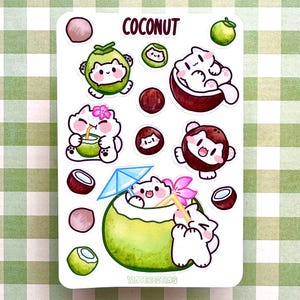 Foglio di adesivi per gatti carini Coconut Meow, foglio di adesivi lucidi alla frutta, resistenti alle intemperie, perfetti per computer portatili, regalo per gli amanti dei gatti, adesivo per diario