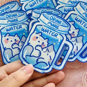 Trinken Sie mehr Wasser Bleiben Sie hydratisiert niedlicher Katzenaufkleber, Kawaii-glänzender Vinyl-Stanzaufkleber, wetterfest, perfekt für Flaschen, Laptops und Geschenk