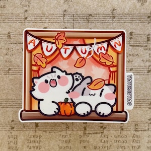 Adesivo de gato fofo com vibrações de outono, adesivo de vinil brilhante Kawaii, à prova de intempéries, perfeito para garrafas, laptops e presentes