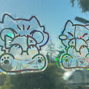 Cute cat eating fish Suncatcher, window art for cat lover, rainbow maker decal sun catcher, self adhesive window cling, Window Sticker