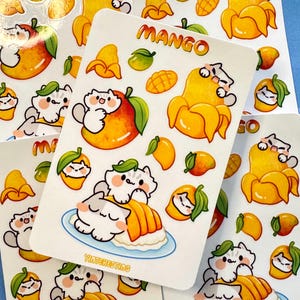 Foglio di adesivi per gatti Mango Meow, foglio di adesivi lucidi alla frutta, resistenti alle intemperie, perfetti per computer portatili, regalo per gli amanti dei gatti, adesivo per diario