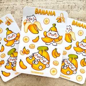 Banane Meow süße Katze Stickerbogen, Obst glänzender Stickerbogen, wetterfest, perfekt für Laptops, Geschenk für Katzenliebhaber, Journal Aufkleber