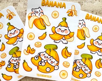 Hoja de calcomanías lindas de gato con maullido de plátano, hoja de calcomanías brillantes de frutas, resistente a la intemperie, perfecta para computadoras portátiles, regalo para amantes de los gatos, calcomanía de diario