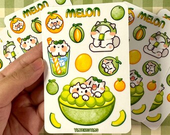 Melon meow cute Cat Sticker sheet, fruit Glossy Sticker sheet, Weatherproof , Perfect for Laptops, Gift forcat lover, Journal sticker