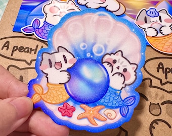 Mermaid Meows Cats Sticker: Kawaii Glitter Vinyl Die Cut