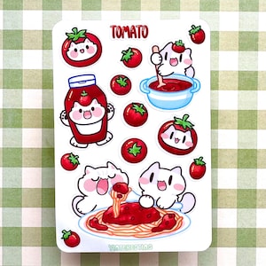 Foglio di adesivi per gatti carini con scritta "Pomodoro miagolio", foglio di adesivi lucidi con frutta, resistenti alle intemperie, perfetti per computer portatili, regalo per gli amanti dei gatti, adesivo per diario