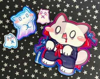 Halloween Vampire Cat Sticker set : Kawaii Glossy Vinyl Die Cut