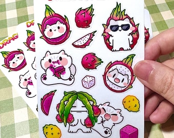 Dragon Fruit meow cute Cat Sticker sheet, fruit Glossy Sticker sheet, Weatherproof , Perfect for Laptops, Gift forcat lover, Journal sticker