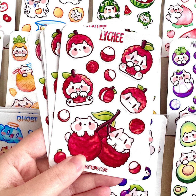 Lychee Meow Cute Cat Sticker Sheet, Fruit Glossy Sticker Sheet ...