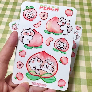 Foglio di adesivi per gatti carini Peach Meow, foglio di adesivi lucidi alla frutta, resistenti alle intemperie, perfetti per computer portatili, regalo per gli amanti dei gatti, adesivo per diario