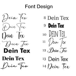 May include: A graphic design font comparison showing 14 different variations of the text "Dein Tex" in black. The font styles range from handwritten to bold and all caps.