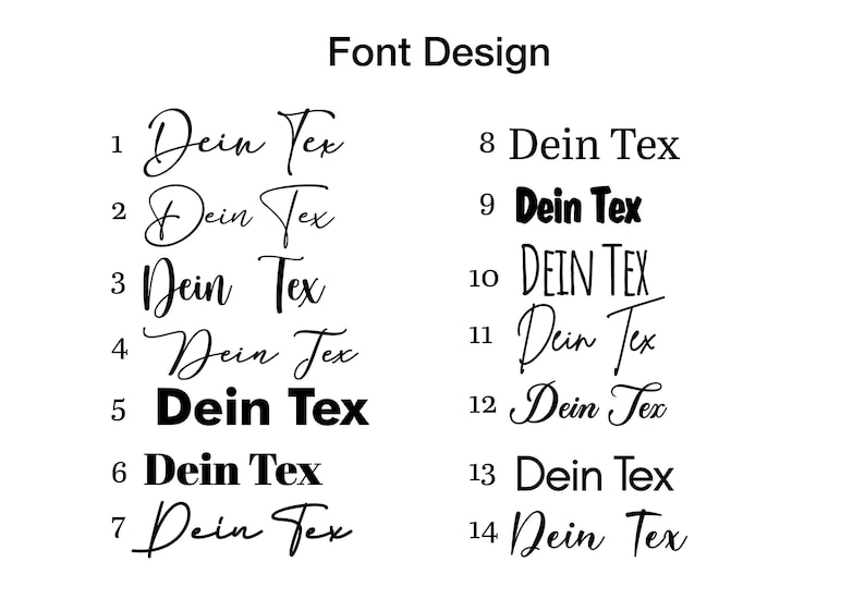 May include: A graphic design font comparison showing 14 different variations of the text "Dein Tex" in black. The font styles range from handwritten to bold and all caps.