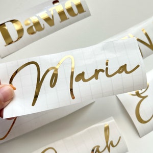 May include: Gold foil name decals with the names David, Maria, and Sarah in a cursive font.