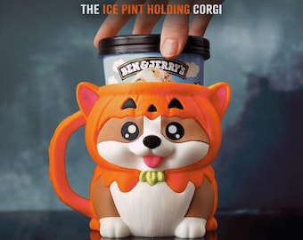 Corgi Ice Cream Pint Holder: Kevin in Pumpkin Hoodie - 3D Printed