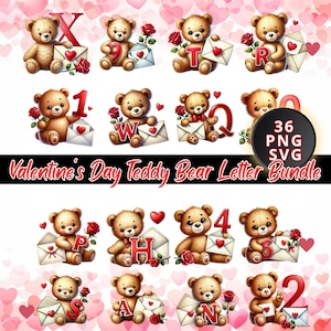 36 PNG/SVG Valentine&#39;s Day Clipart Bundle, Love Teddy Bear Clipart, Commercial Use, Digital Download, Card Making, Mixed Media, Paper Craft