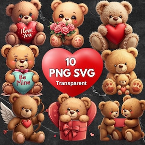 Valentine&#39;s Day Teddy Bear Clipart – 10 Cute PNG,SVG Designs with Hearts, Love Teddy, Valentines Bear clipart