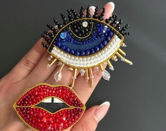 Blue Eye and Lips Brooch Set, Brooches for Women, Gift for Her