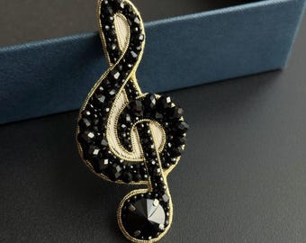 Handmade Beaded Treble Clef Brooch, Music Teacher Gift