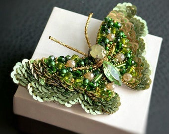 Handmade Beaded Butterfly Brooch: Green Sequin Insect Pin, Gift for Her