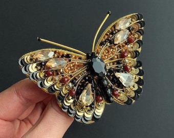 Butterfly Embroidery Pin, Spring Brooch, Embroidered Insect Brooch, Golden Butterfly Pin, Brooches For Women, Gift For Her, Gift For Mother