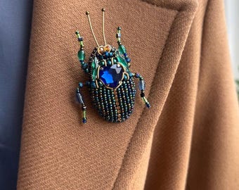 Embroidered Scarab Beetle Pin: Handmade Insect Brooch