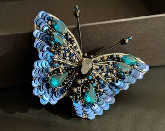 Handmade Beaded Butterfly Brooch, Crystal Statement Lapel Pin