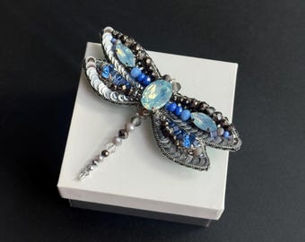 Embroidered Blue Dragonfly Brooch: Beaded Insect Pin, Gift for Mom