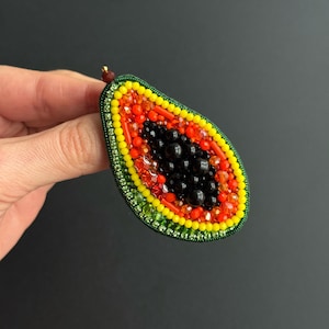 Tropical Papaya Brooch, Summer Fruit Jewelry, Vacation Style Pin, Gift For Her, Colorful Beaded Brooch, Handmade Lapel Pin