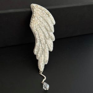Angel Wing Brooch, Silver Wing Pin, Elegant Crystal Brooch, Beaded Jewelry Gift, Guardian Angel Brooch, Autumn Wedding Pin