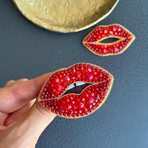 Red Lips Beaded Brooch: Handmade Jewelry Pin Up Gift