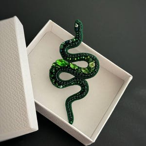 May include: A green beaded snake brooch with green and blue accents. The brooch is in a white box.
