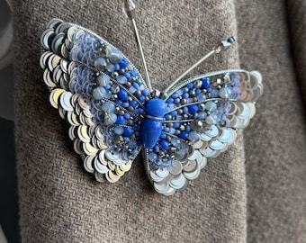 Blue Silver Butterfly Brooch: Beaded Insect Pin, Unique Jewelry Gift