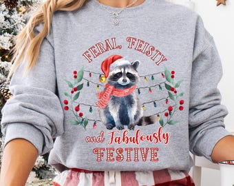 Kerst wasbeer trui, feestelijke vakantie ronde hals, wasbeer vakantie trui, grappige kerstfeest trui, grappige wasbeer trui