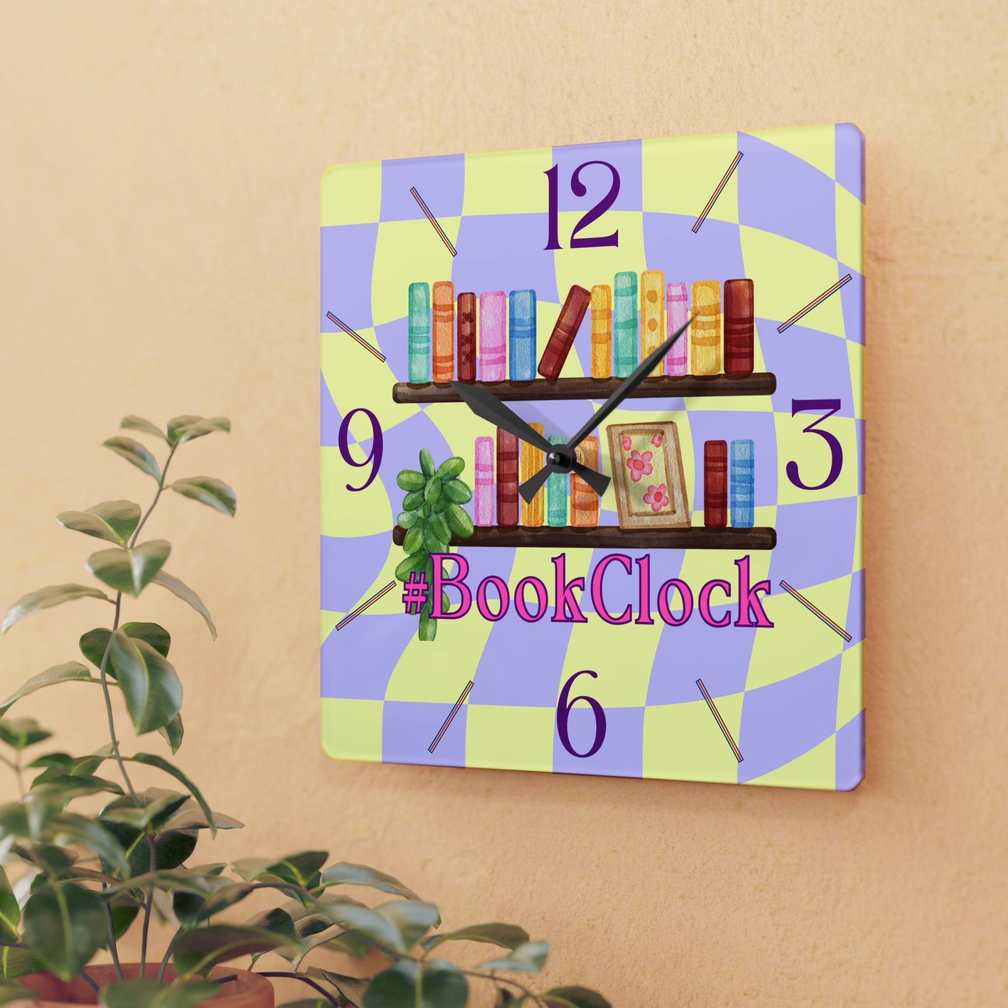 Bookclock Yellow/purple Acrylic Wall Clock-whimsical Clock, Bookish ...