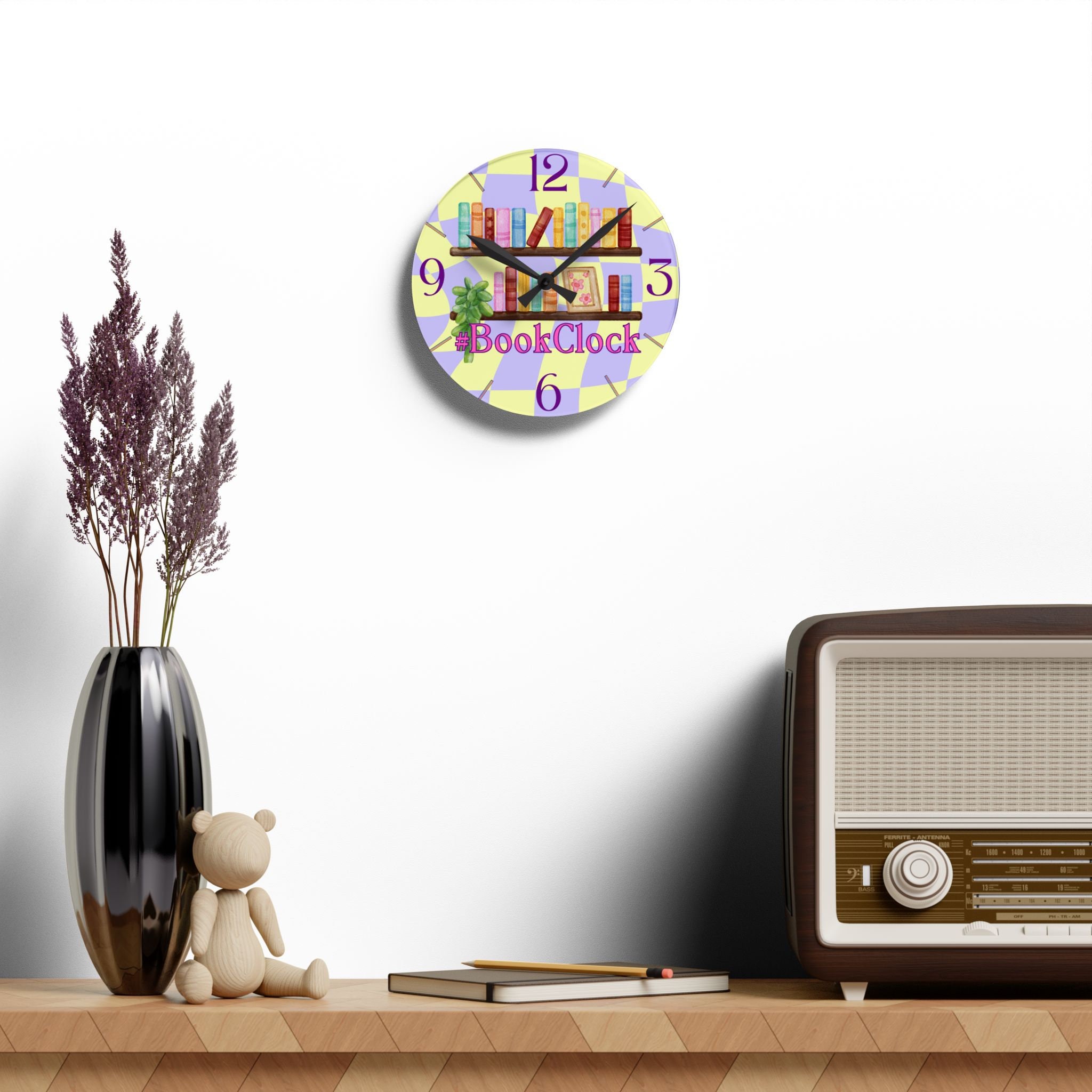 Bookclock Yellow/purple Acrylic Wall Clock-whimsical Clock, Bookish ...