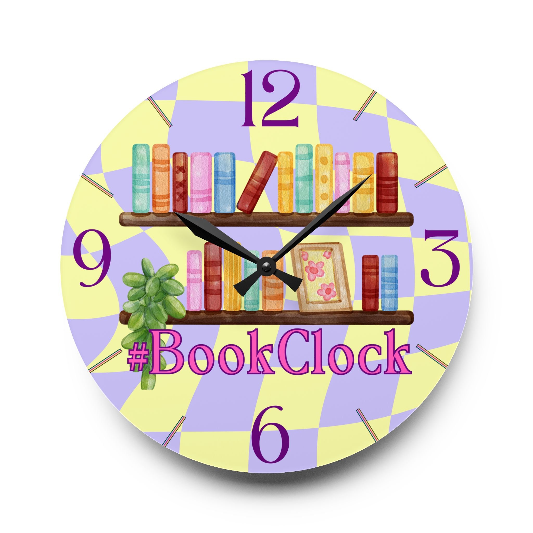 Bookclock Yellow/purple Acrylic Wall Clock-whimsical Clock, Bookish ...