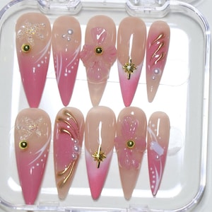 Unghie da sposa, unghie acriliche personalizzate dipinte a mano, unghie floreali, unghie pressate 3D, unghie francesi, nail art, regalo per ragazze, unghie floreali, unghie rosa