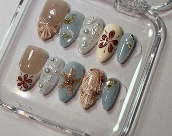 Ongles 3D tendance en forme de coquillage pour l&#39;été, amande moyenne, appuyez sur l&#39;ongle, décoration d&#39;ongles personnalisée, faux ongles, ongles d&#39;anniversaire, ongles bleus, ongles d&#39;étoile de mer