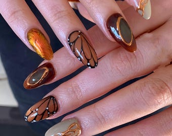 Brown nails,Custom Hand painted Acrylic Nails, 3D Press On Nail, Butterfly Nails,Blossom French Press On Nails,Ombre Nail Art,Girl gift