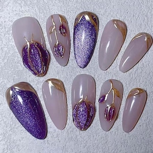 Elegant Purple Custom Hand painted Acrylic Nails, 3D Press On Nail,French Press On Nails,Ombre Nail Art,Girl gift