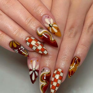 Bruna naglar, Handmålade akrylnaglar, 3D-press-on-naglar, Blomnaglar, Blomsterfrench press-on-naglar, Ombre-nagelkonst, Gåva till tjej