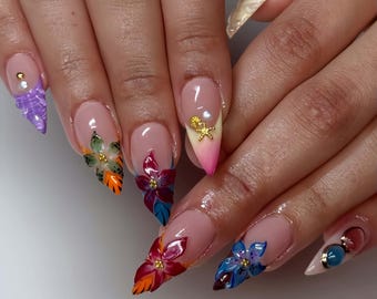 Trendy colorful flower Nail for Summer Medium Almond Press On Nail, Custom Nail Art, Fake,Flase Nail Birthday Nail,Floral Nails,Gift for her