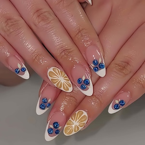 Summer lemon stylish nail,Custom Hand paint Acrylic nails , 3D Press On Nail, Pink Nails ,Press On Nails Short,Almond Nails ,French Nail