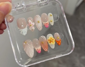 Wedding Nails,Handmade Short French Tip Nails, Flower Fake Nails for Girl Gift,3D nails,party press on nails,Almond nails, Blue Almond Nails