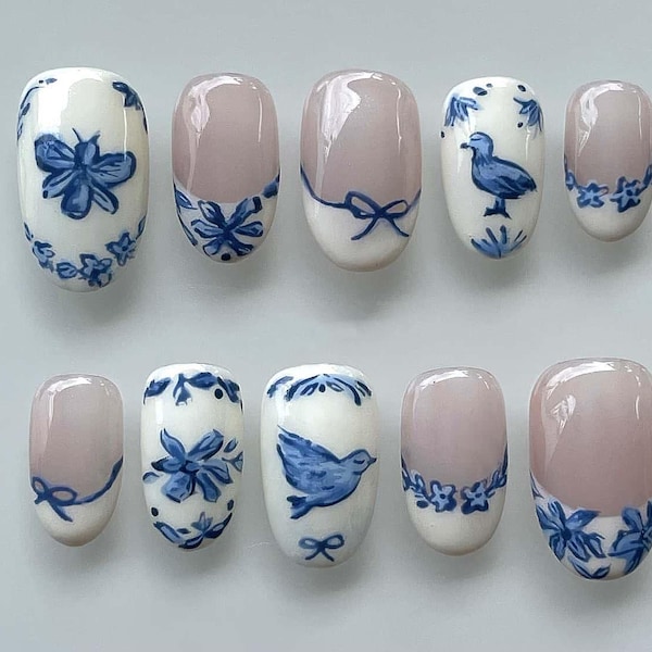 Uñas de pájaro para boda, uñas acrílicas pintadas a mano personalizadas, uñas postizas 3D, uñas rosas, uñas postizas cortas, uñas almendradas, uñas francesas