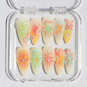 May include: A clear plastic case with ten false nails. Each nail is painted a light yellow and has a different floral design in pastel colors.